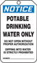 A photograph of front of a blue and white 11065 OSHA notice safety tag, reading potable drinking water only.