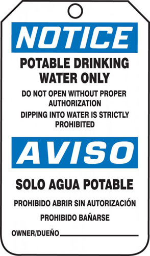 A photograph of a blue and white 11066 bilingual OSHA notice safety tag, reading potable drinking water only and solo aqua potable.