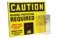 A side photograph of a yellow and black 11103 OSHA caution decibel meter sign, with 20" l x 24" w dimensions, and ear plug hopper dispenser.