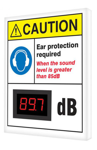 A photograph of a 11108 OSHA caution industrial decibel meter sign, reading ear protection required when the sound is greater than 85 dB, and dimensions 12" x 10".