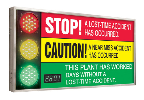 A photograph of a 06393 jumbo digi-day® 3 stop light electronic scoreboard: this plant has worked ____ without a lost-time accident.