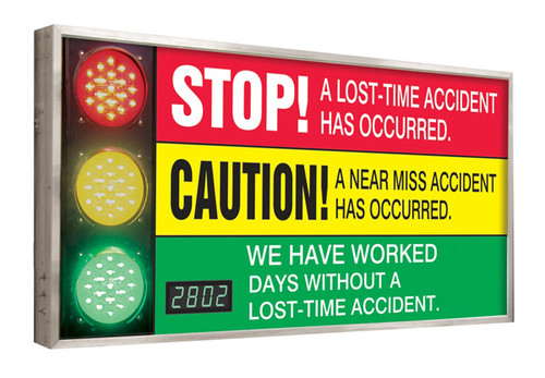 A photograph of a 06394 jumbo Digi-Day® 3 stop light electronic scoreboard, reading we have worked ____ days without a lost-time accident.