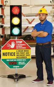 A photograph of a 06395 signal safety awareness center with a person standing next to it.