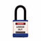 A photograph of a blue 07025 Zing 700 solid aluminum, plastic-encased safety padlock, with 1.5" shackle. 