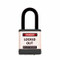 A photograph of a black 07025 Zing 700 solid aluminum, plastic-encased safety padlock, with 1.5" shackle. 