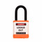 A photograph of an orange 07025 Zing 700 solid aluminum, plastic-encased safety padlocks, with 1.5" shackle. 