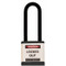 A photograph of a black 07025 Zing 700 solid aluminum, plastic-encased safety padlock, with 3" shackle. 