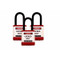 A photograph of three red 07025 Zing 700 solid aluminum, plastic-encased safety padlocks, with 1.5" shackles. 