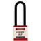A photograph of a red 07025 Zing 700 solid aluminum, plastic-encased safety padlock, with 3" shackle. 