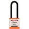 A photograph of an orange 07025 Zing 700 solid aluminum, plastic-encased safety padlock, with 3" shackle. 