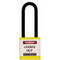 A photograph of a yellow 07025 Zing 700 solid aluminum, plastic-encased safety padlock, with 3" shackle. 