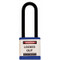 A photograph of a blue 07025 Zing 700 solid aluminum, plastic-encased safety padlock, with 3" shackle. 