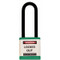 A photograph of a green 07025 Zing 700 solid aluminum, plastic-encased safety padlock, with 3" shackle. 