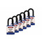A photograph of six blue 07025 Zing 700 solid aluminum, plastic-encased safety padlocks, with 1.5" shackles. 