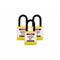 A photograph of three yellow 07025 Zing 700 solid aluminum, plastic-encased safety padlocks, with 1.5" shackles. 