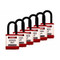 A photograph of six red 07025 Zing 700 solid aluminum, plastic-encased safety padlocks, with 1.5" shackles. 
