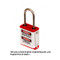 A photograph of a bilingual 07026 Zing 800 solid aluminum, plastic-encased safety padlock, with 1.5" shackle.