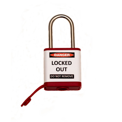 A photograph of a 07026 Zing 800 solid aluminum, plastic-encased safety padlock, with 1.5" shackle.
