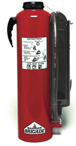 A photograph of a 20 pound, hi-flow, Badger Brigade B-20-PK-HF cartridge operated fire extinguisher.