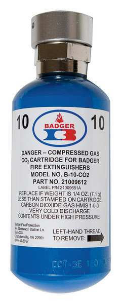 A photograph of a 21009612 CO2 cartridge for Badger Brigade 10 pound cartridge extinguishers.