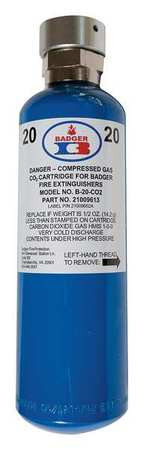 A photograph of a 21009613 CO2 cartridge for Badger Brigade 20 pound cartridge extinguishers.