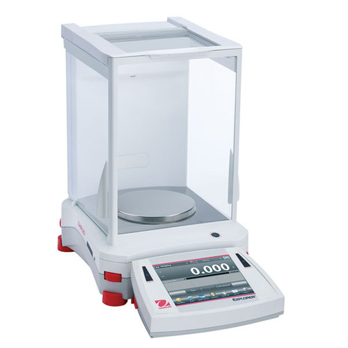 Photograph of Ohaus Explorer® Precision Balance, right facing, with draft shield closed.