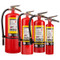 A group photograph of (left to right) Badger Extra 20, 10, 5, and 2.5 pound multipurpose dry chemical fire extinguishers.