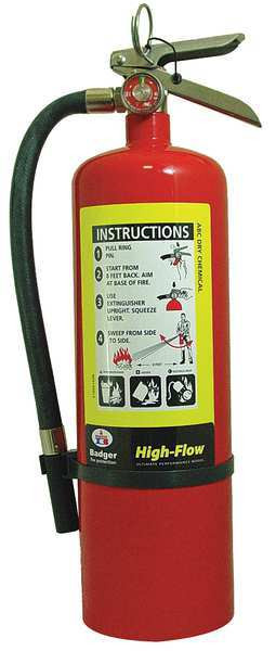 A photograph of a Badger Extra 10 pound multipurpose high-flow dry chemical fire extinguisher.