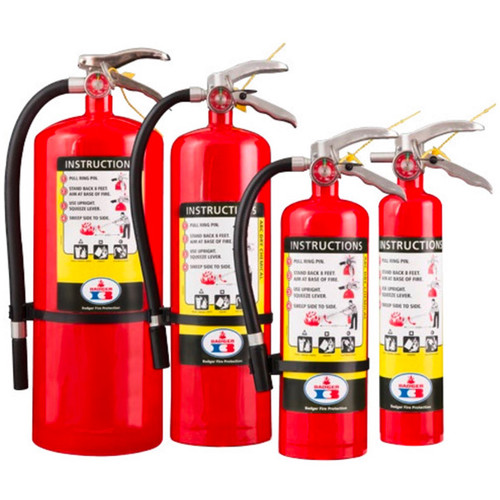 A group photograph of (left to right) Badger Standard 20, 10, 5, and 2.5 pound multipurpose dry chemical fire extinguishers.