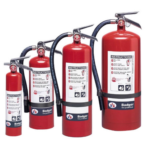 A group photograph of (left to right) Badger 2.75, 5.5, 10, and 20 pound Extra Regular dry chemical fire extinguishers.
