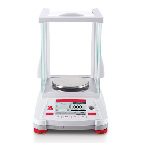 Photograph of Ohaus Adventurer® Precision Balance with draft shield closed, front facing.