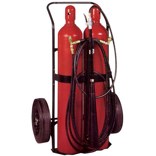 A photograph of a dual cylinder Badger CD100-2 carbon dioxide 100 pound wheeled fire extinguisher.