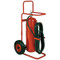 A photograph of a Badger 50MB ABC dry chemical stored pressure 50 pound wheeled fire extinguisher.