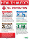 A photograph of a red and white 11012 Zing eco health alert flu prevention safety poster with instructions and graphics.