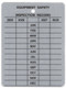Metal tag with EQUIPMENT SAFETY INSPECTION RECORD header and grid with 2025 through 2028 for monthly punching/marking.