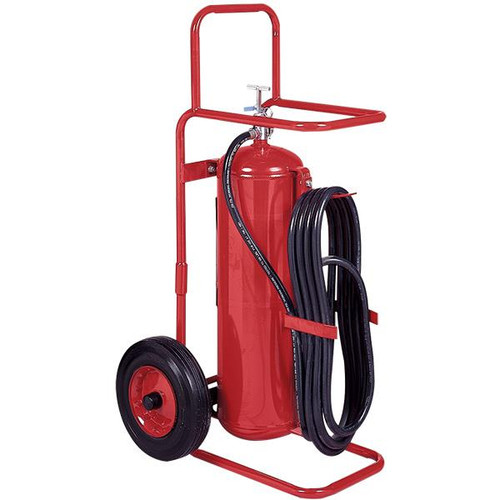 A photograph of a Badger 50PB Purple-K BC dry chemical stored pressure 50 pound wheeled fire extinguisher.
