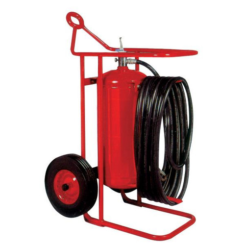 A photograph of a Badger 150RB regular BC dry chemical stored pressure 150 lb wheeled fire extinguisher.