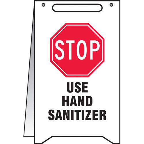 A drawing of a white A-Frame Standing Floor Sign, standing upright. The front face has a red STOP sign at the top with black words of USE HAND SANITIZER.