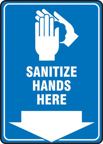 A photograph of a blue and white 03444 sanitize hands here safety sign, with icon and down arrow.