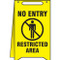 A drawing of a yellow A-Frame Standing Floor Sign with black printing, standing upright. The front face NO ENTRY at the top, a person with a prohibition slash/circle icon in the middle and RESTRICTED AREA at the bottom.