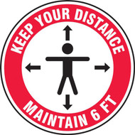 A photograph of a red and white 11225 social distance floor sign, reading keep your distance maintain 6 ft, with person and arrow icons.