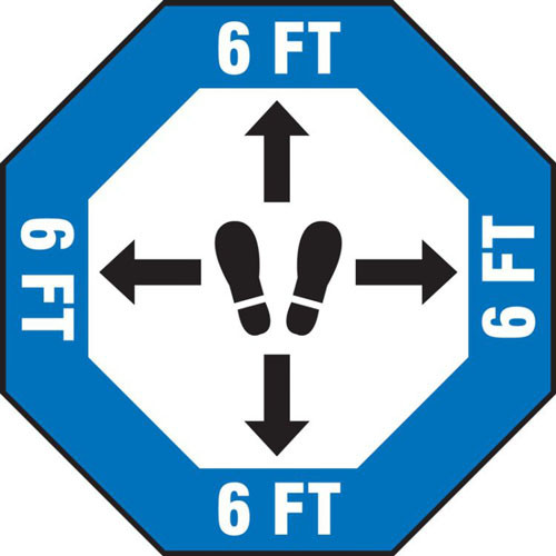 A photograph of a blue and white 11233 social distance floor sign, reading 6 ft, in an octagon, wit footprints icon and directional arrows.