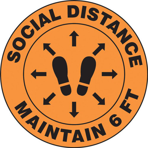 A photograph of an orange and black 11237 social distance floor sign, reading social distance maintain 6 ft, with footprints icon and directional arrows.