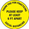 A photograph of a yellow and black 11239 social distance floor sign, reading thank you for practicing social distancing please keep at least 6 ft apart.