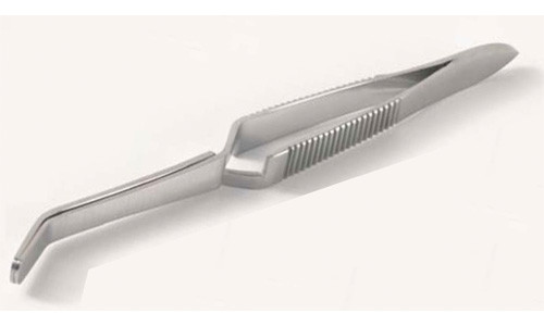 A photograph of a bent tip, self-closing, 24022 stainless steel filter/membrane forceps.