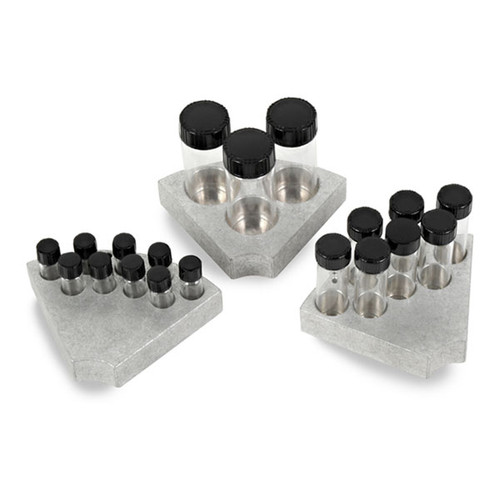 Photograph of various Sectional Vial Blocks for Ohaus Guardian Hotplate Stirrers holding vials (not included). 