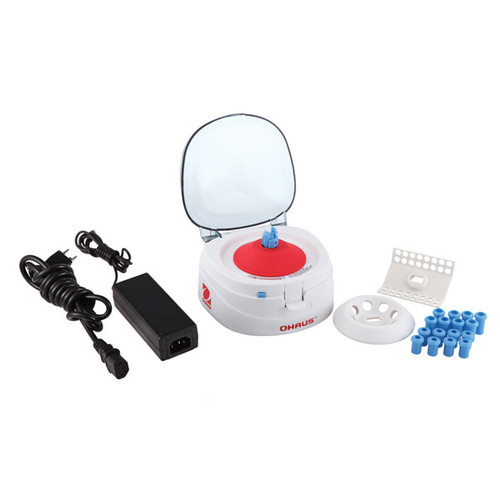 Photograph of Ohaus Frontier™ 5000 Mini Centrifuge standard package which includes two rotors and adapters.