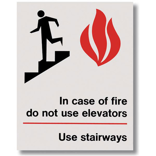 Picture of the In Case of Fire Do Not Use Elevators Use Stairways Self-Adhesive Sign w/ Icons, 5.5" w x 7" h.