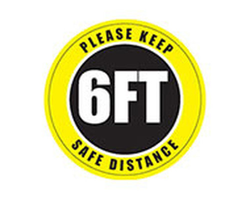 A photograph of a yellow and black 05407 removable social distance floor sign, reading please keep 6ft safe distance.