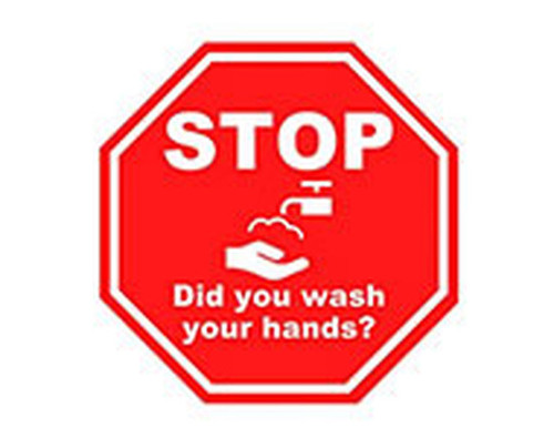 A photograph of a red and white 05404 removable social distance floor sign, reading stop did you wash your hands?, with faucet graphic.